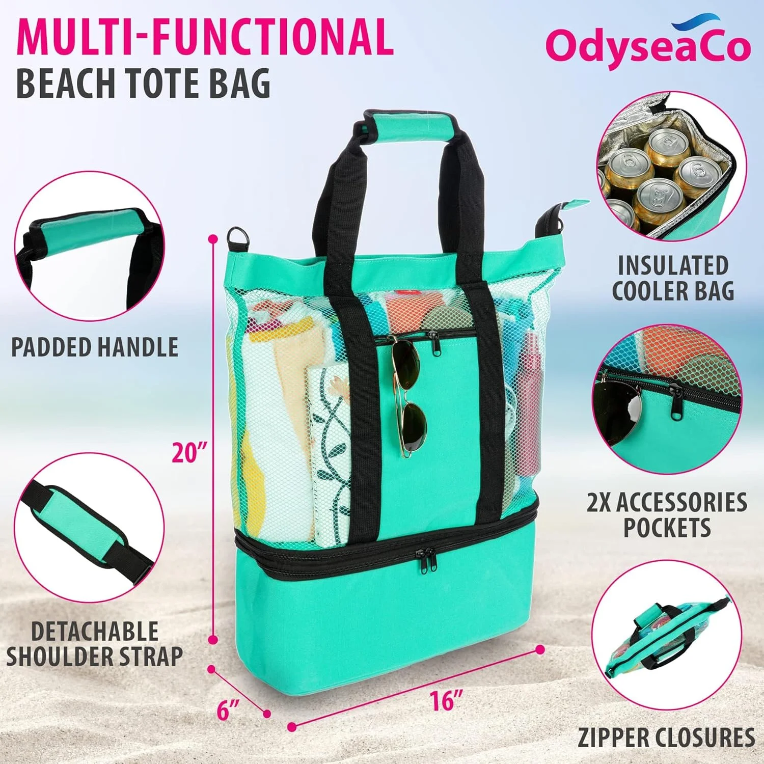 کیف ساحلی ضد آب تزویق، ضد آب و ضد شن و ماسه برای بانوان، کیف ساحلی توری، کیف دستی ساحلی حصیری بافته شده، با محفظه خنک کننده، کیف استخر و کیف دستی ساحلی، سبز