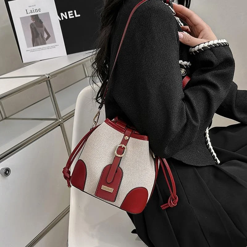 کیف دستی بوم زنانه، کیف بوم با دوخت و رنگ متضاد، کیف سطلی بند دار، کیف دستی و دوشی شیک