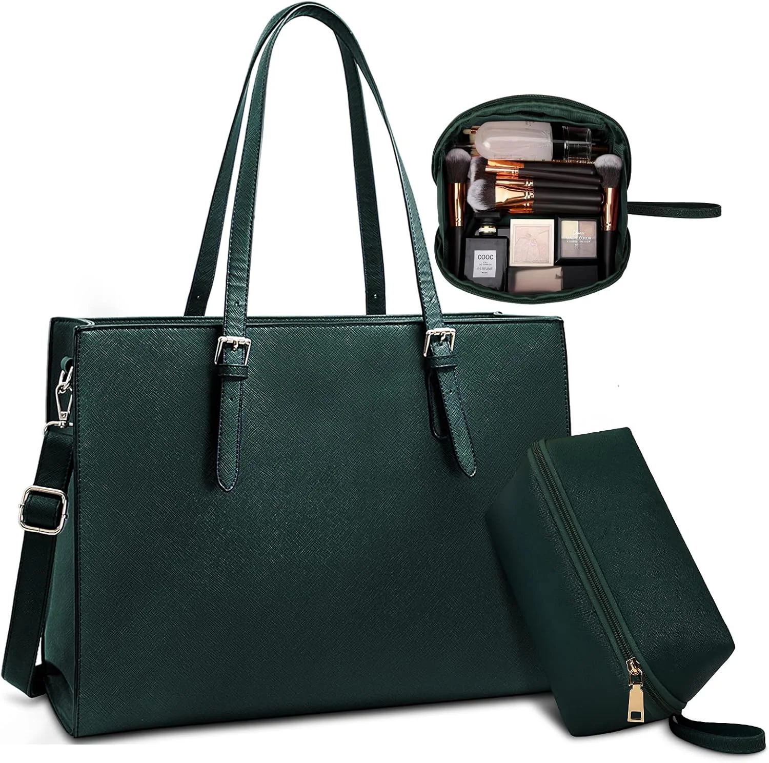 کیف لپ تاپ زنانه چرمی سبک وزن ضد آب 15.6 اینچی، کیف دستی اداری تجاری، کیف بزرگ دستی، کیف شانه ای، کیف کار حرفه ای اداری، ست 2 عددی (سبز تیره)