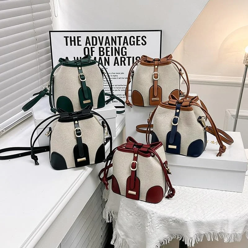 کیف دستی بوم زنانه، کیف بوم با دوخت و رنگ متضاد، کیف سطلی بند دار، کیف دستی و دوشی شیک