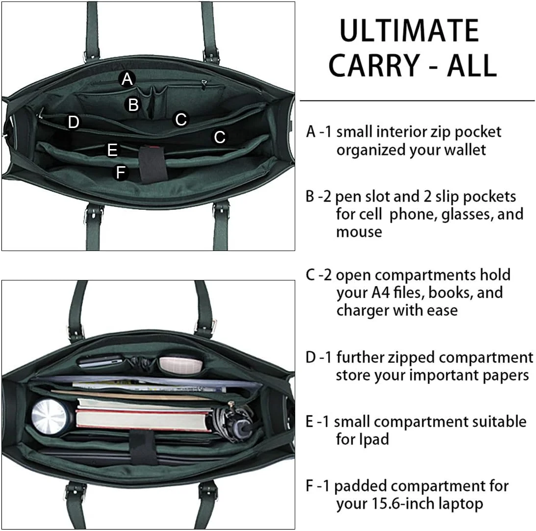 کیف لپ تاپ زنانه چرمی سبک وزن ضد آب 15.6 اینچی، کیف دستی اداری تجاری، کیف بزرگ دستی، کیف شانه ای، کیف کار حرفه ای اداری، ست 2 عددی (سبز تیره) کیف لپ تاپ زنانه چرمی سبک وزن ضد آب 15.6 اینچی، کیف دستی اداری تجاری، کیف بزرگ دستی، کیف شانه ای، کیف کار حرفه ای اداری، ست 2 عددی (سبز تیره)