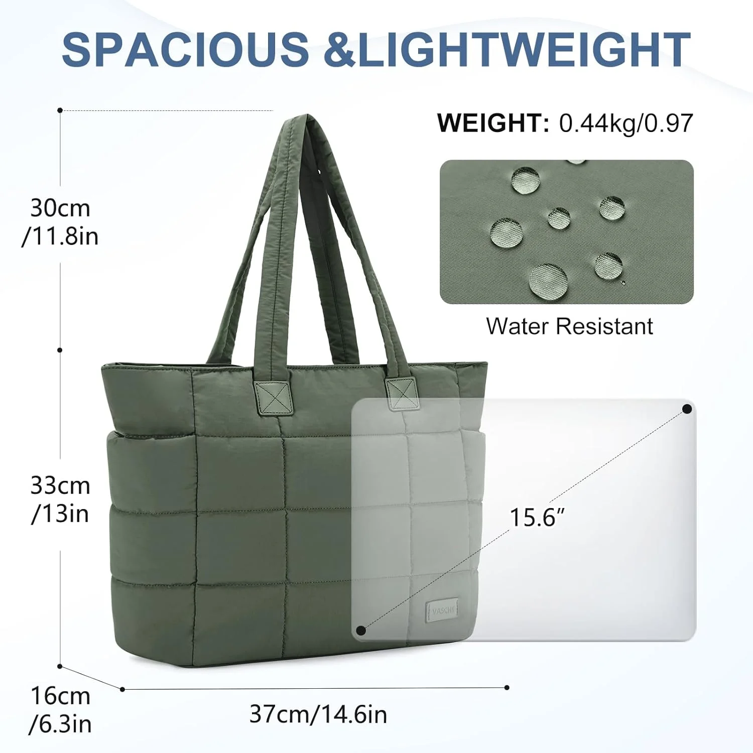 کیف دستی زنانه، کیف کار پفی سبک وزن VASCHY با محفظه زیپ‌دار لپ‌تاپ 15.6 اینچی، مناسب برای معلم، مسافرت و باشگاه