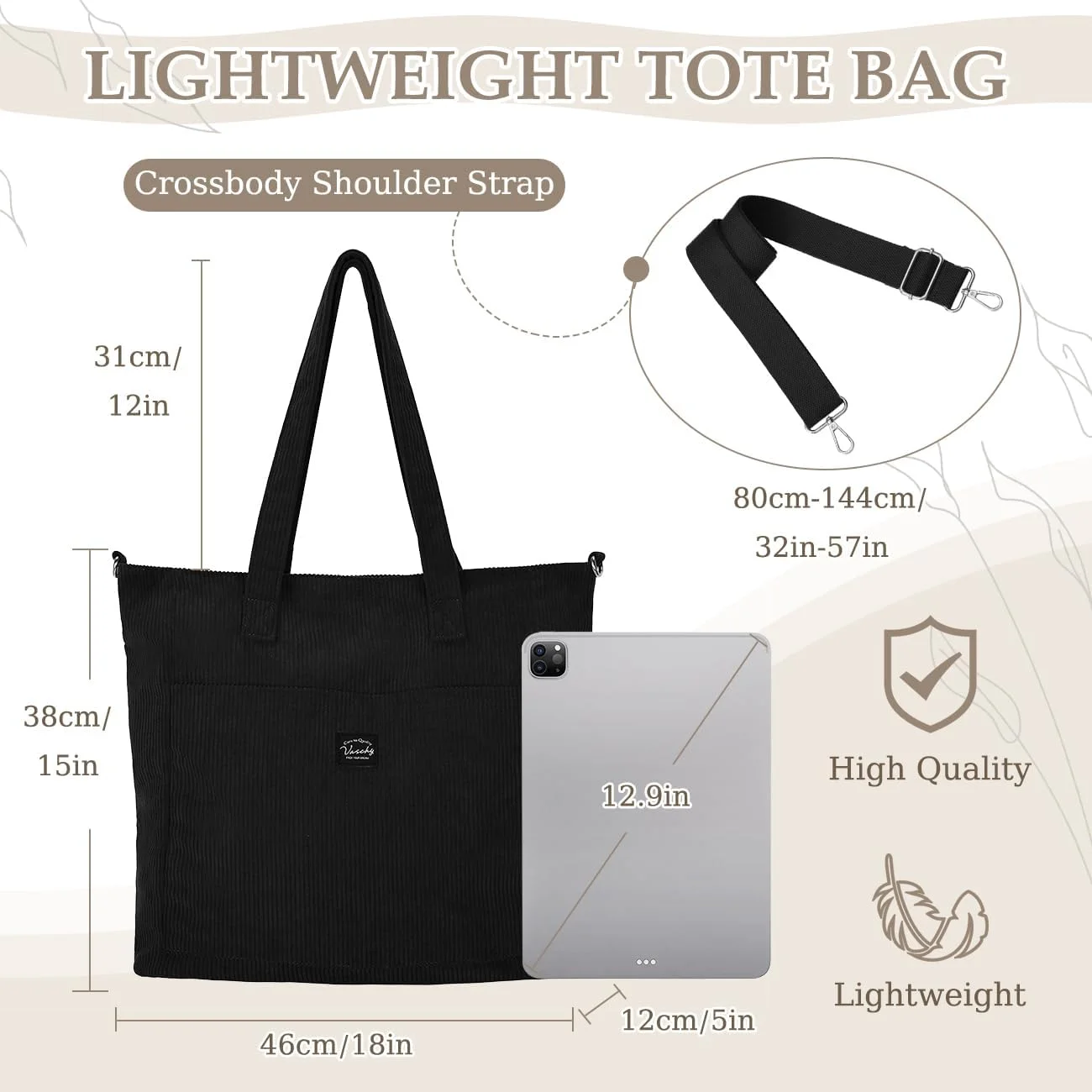 کیف دوشی مخمل کبریتی زنانه VASCHY، کیف دستی بزرگ و سبک وزن با زیپ و بند قابل تنظیم جداشدنی برای مدرسه، مسافرت و خرید کیف دوشی مخمل کبریتی زنانه VASCHY، کیف دستی بزرگ و سبک وزن با زیپ و بند قابل تنظیم جداشدنی برای مدرسه، مسافرت و خرید