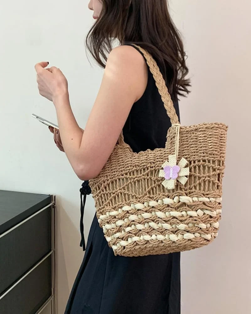 کیف حصیری بافته شده زنانه به سبک بوهو، کیف دستی ساحلی تعطیلات تابستانی با زیپ، کیف شانه ای شیک کیف حصیری بافته شده زنانه به سبک بوهو، کیف دستی ساحلی تعطیلات تابستانی با زیپ، کیف شانه ای شیک