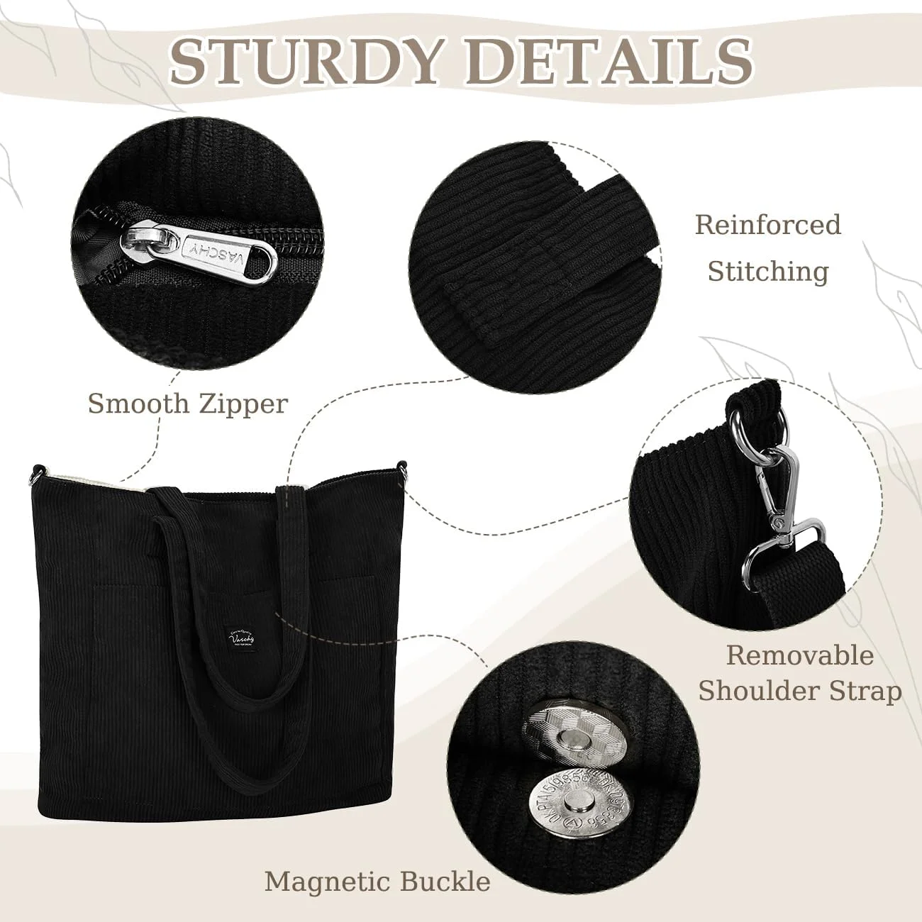 کیف دوشی مخمل کبریتی زنانه VASCHY، کیف دستی بزرگ و سبک وزن با زیپ و بند قابل تنظیم جداشدنی برای مدرسه، مسافرت و خرید کیف دوشی مخمل کبریتی زنانه VASCHY، کیف دستی بزرگ و سبک وزن با زیپ و بند قابل تنظیم جداشدنی برای مدرسه، مسافرت و خرید