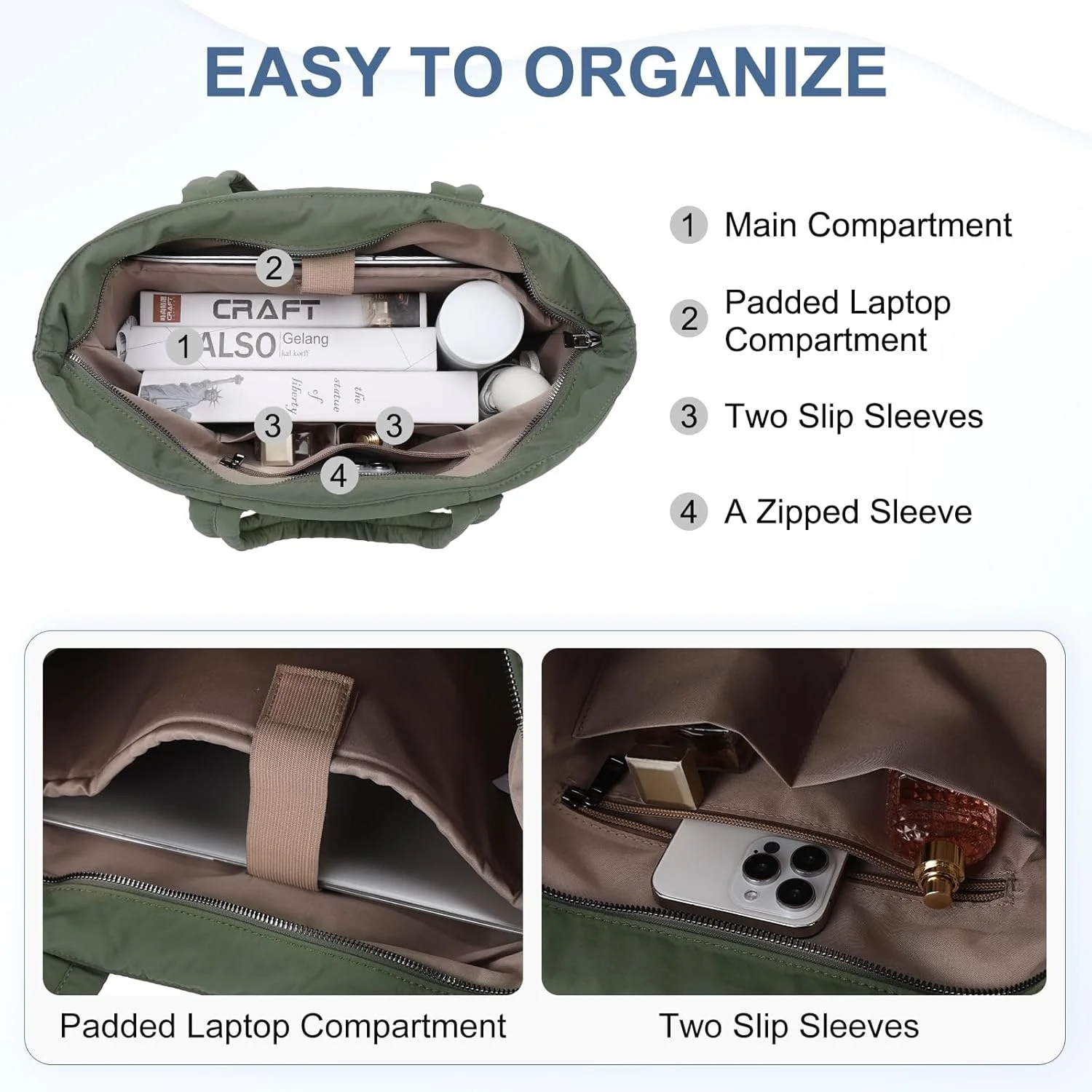 کیف دستی زنانه، کیف کار پفی سبک وزن VASCHY با محفظه زیپ‌دار لپ‌تاپ 15.6 اینچی، مناسب برای معلم، مسافرت و باشگاه