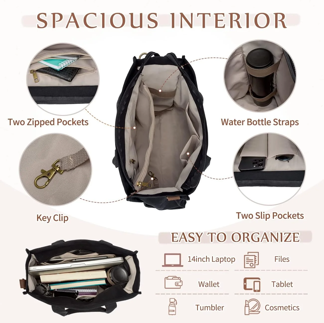 کیف دستی زنانه، کیف های کار بوم وسچی با جیب های زیپ دار، کیف های دستی شانه ای غیر رسمی مناسب لپ تاپ برای سفر/مدرسه/معلم - دو سایز