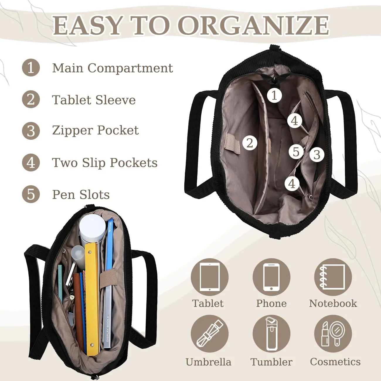 کیف دوشی مخمل کبریتی زنانه VASCHY، کیف دستی بزرگ و سبک وزن با زیپ و بند قابل تنظیم جداشدنی برای مدرسه، مسافرت و خرید کیف دوشی مخمل کبریتی زنانه VASCHY، کیف دستی بزرگ و سبک وزن با زیپ و بند قابل تنظیم جداشدنی برای مدرسه، مسافرت و خرید