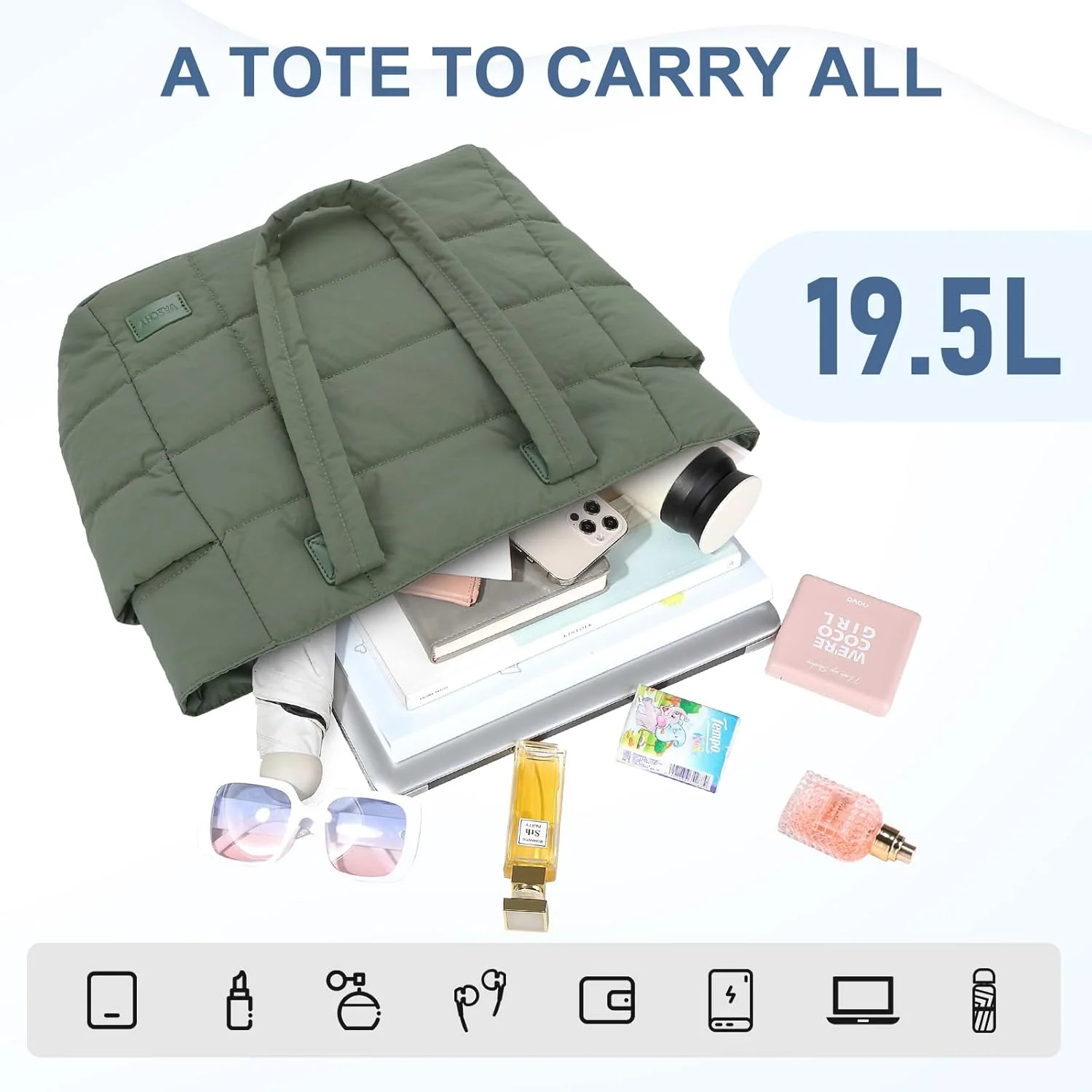 کیف دستی زنانه، کیف کار پفی سبک وزن VASCHY با محفظه زیپ‌دار لپ‌تاپ 15.6 اینچی، مناسب برای معلم، مسافرت و باشگاه