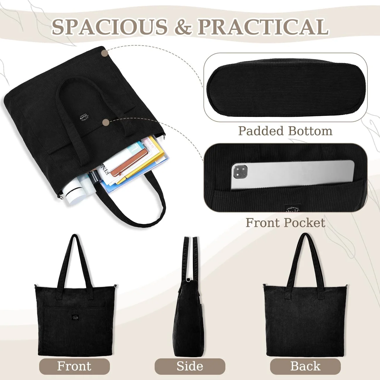 کیف دوشی مخمل کبریتی زنانه VASCHY، کیف دستی بزرگ و سبک وزن با زیپ و بند قابل تنظیم جداشدنی برای مدرسه، مسافرت و خرید کیف دوشی مخمل کبریتی زنانه VASCHY، کیف دستی بزرگ و سبک وزن با زیپ و بند قابل تنظیم جداشدنی برای مدرسه، مسافرت و خرید