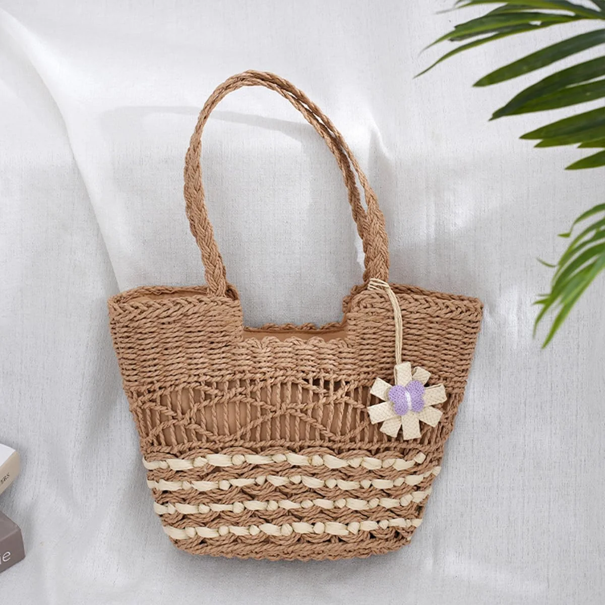 کیف حصیری بافته شده زنانه به سبک بوهو، کیف دستی ساحلی تعطیلات تابستانی با زیپ، کیف شانه ای شیک کیف حصیری بافته شده زنانه به سبک بوهو، کیف دستی ساحلی تعطیلات تابستانی با زیپ، کیف شانه ای شیک