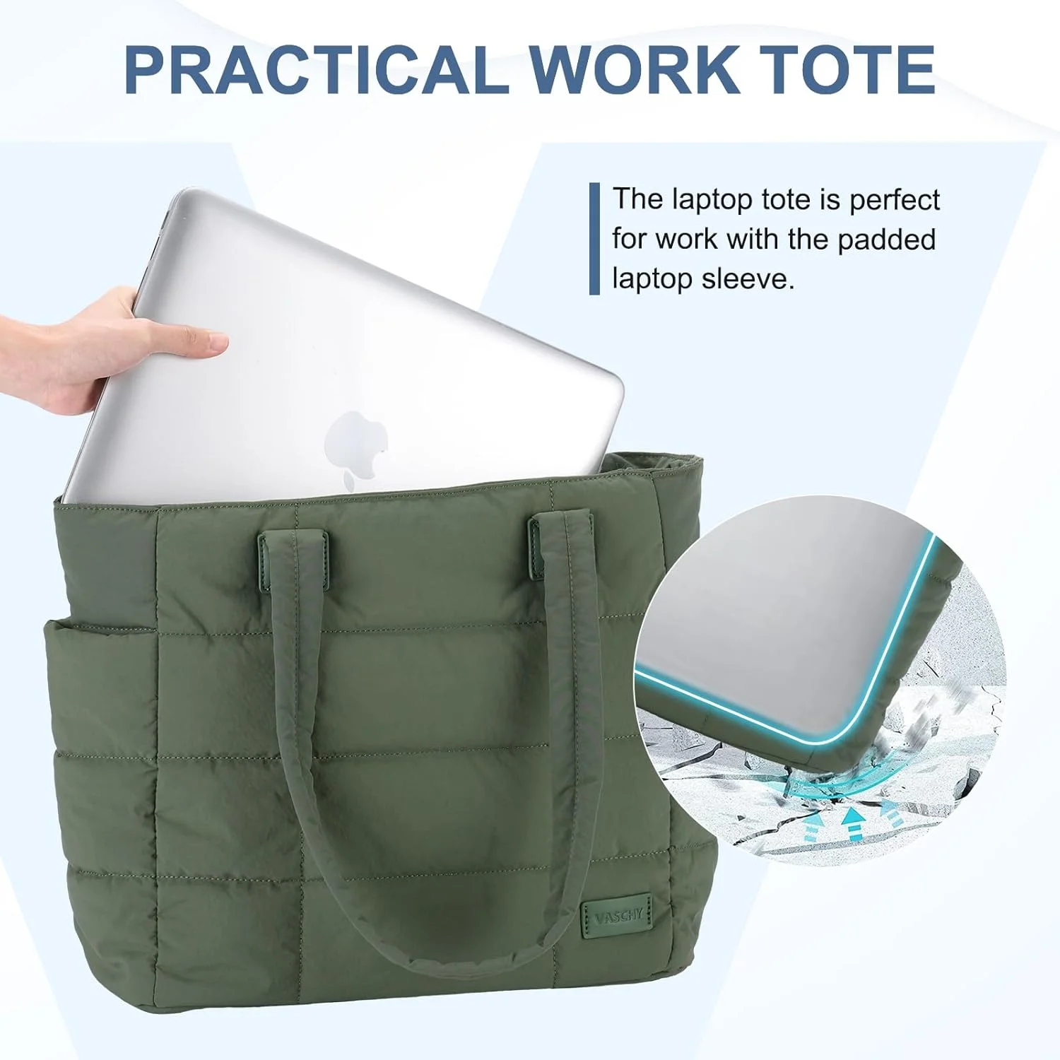 کیف دستی زنانه، کیف کار پفی سبک وزن VASCHY با محفظه زیپ‌دار لپ‌تاپ 15.6 اینچی، مناسب برای معلم، مسافرت و باشگاه