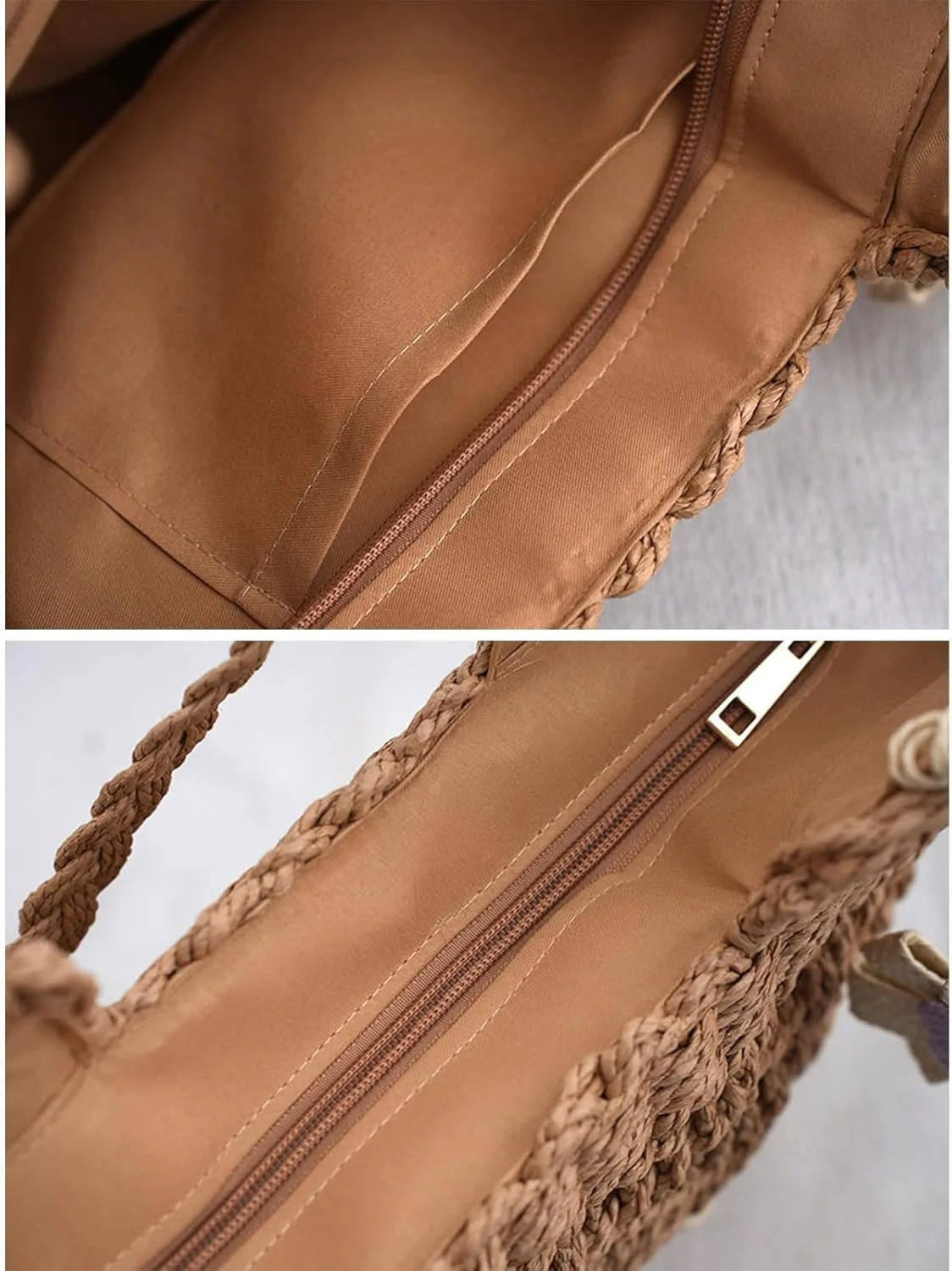 کیف حصیری بافته شده زنانه به سبک بوهو، کیف دستی ساحلی تعطیلات تابستانی با زیپ، کیف شانه ای شیک کیف حصیری بافته شده زنانه به سبک بوهو، کیف دستی ساحلی تعطیلات تابستانی با زیپ، کیف شانه ای شیک