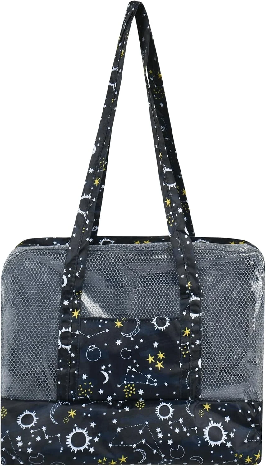 کیف ساحلی شفاف PVC مناسب تعطیلات و مسافرت های دریایی برای بانوان، کیف توری استخری و مسافرتی ضد آب و ضد شن با زیپ، کیف شفاف استادیومی کفش با محفظه های جداگانه