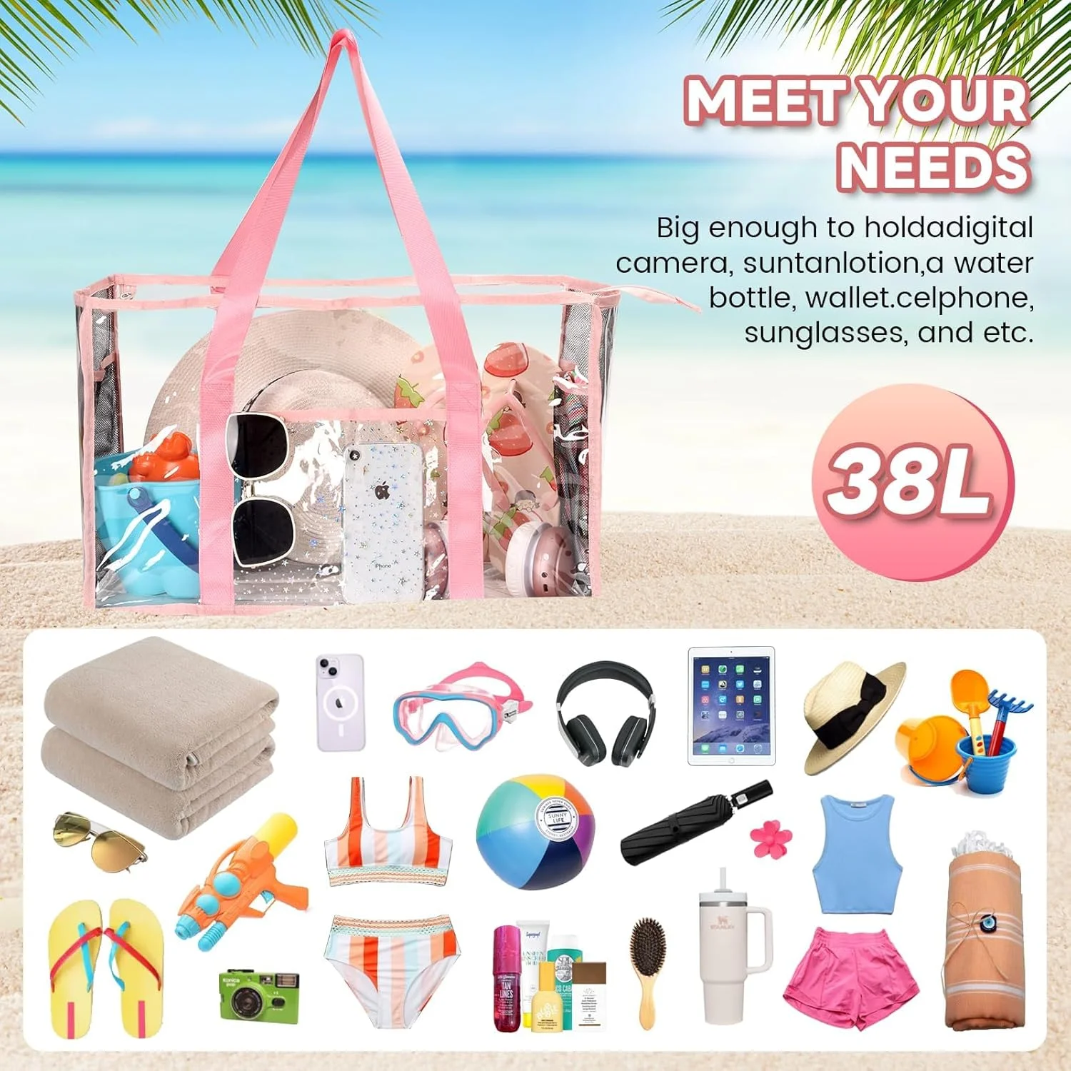 کیف بزرگ ساحلی شفاف زنانه، کیف دستی مسافرتی TPU شفاف، تایید شده امنیتی استادیوم با بست زیپی، ضد شن، طراحی چند محفظه ای، PVC بادوام برای کار، ساحل، مسافرت و استخر کیف بزرگ ساحلی شفاف زنانه، کیف دستی مسافرتی TPU شفاف، تایید شده امنیتی استادیوم با بست زیپی، ضد شن، طراحی چند محفظه ای، PVC بادوام برای کار، ساحل، مسافرت و استخر