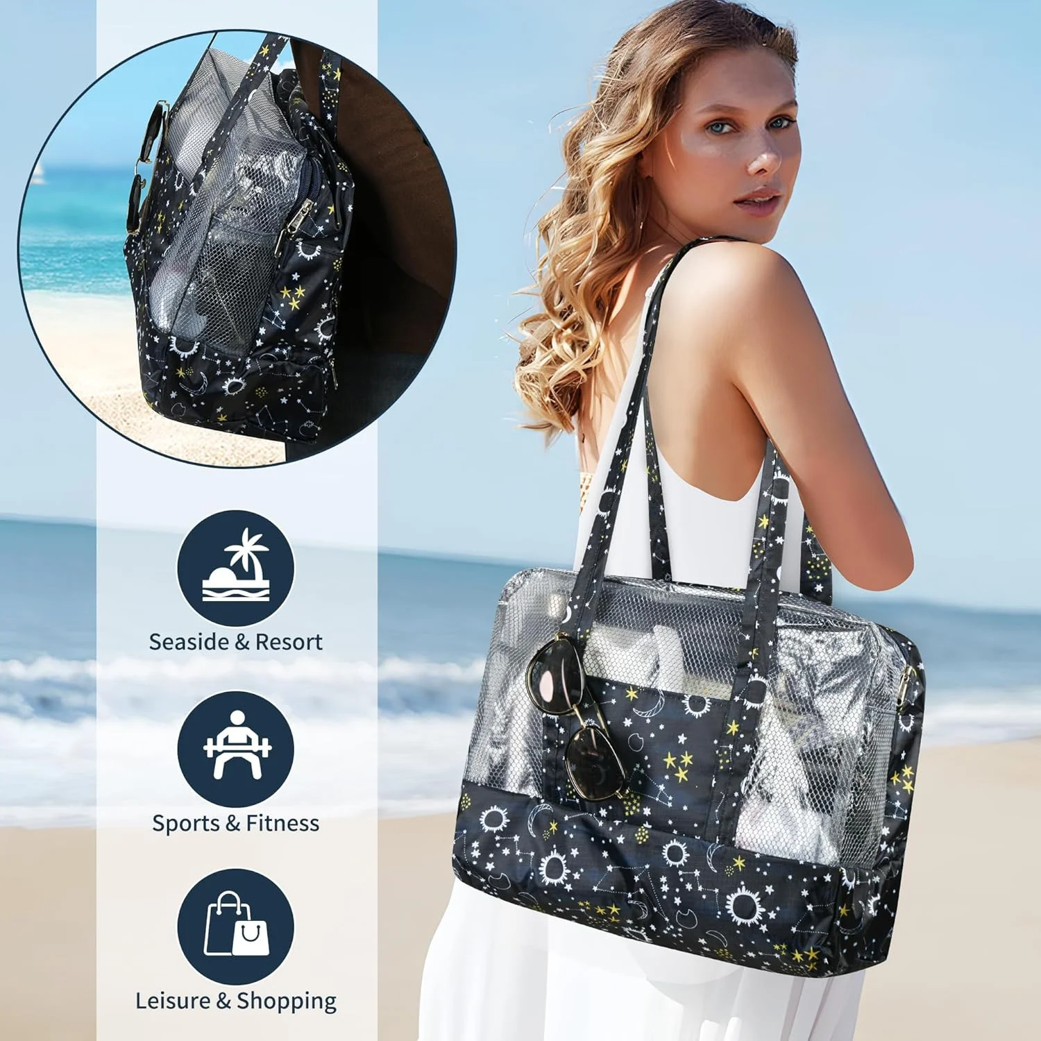 کیف ساحلی شفاف PVC مناسب تعطیلات و مسافرت های دریایی برای بانوان، کیف توری استخری و مسافرتی ضد آب و ضد شن با زیپ، کیف شفاف استادیومی کفش با محفظه های جداگانه کیف ساحلی شفاف PVC مناسب تعطیلات و مسافرت های دریایی برای بانوان، کیف توری استخری و مسافرتی ضد آب و ضد شن با زیپ، کیف شفاف استادیومی کفش با محفظه های جداگانه