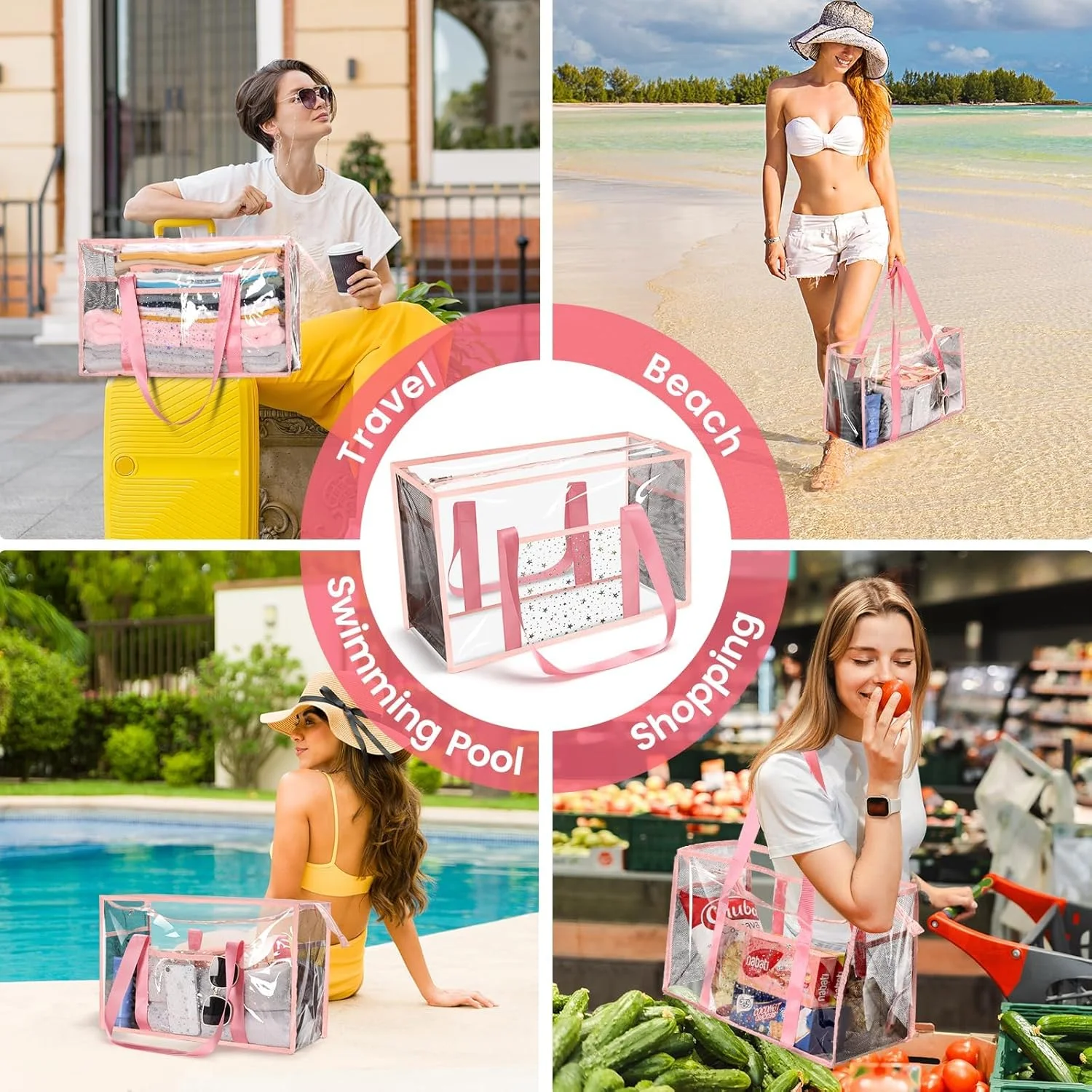 کیف بزرگ ساحلی شفاف زنانه، کیف دستی مسافرتی TPU شفاف، تایید شده امنیتی استادیوم با بست زیپی، ضد شن، طراحی چند محفظه ای، PVC بادوام برای کار، ساحل، مسافرت و استخر کیف بزرگ ساحلی شفاف زنانه، کیف دستی مسافرتی TPU شفاف، تایید شده امنیتی استادیوم با بست زیپی، ضد شن، طراحی چند محفظه ای، PVC بادوام برای کار، ساحل، مسافرت و استخر