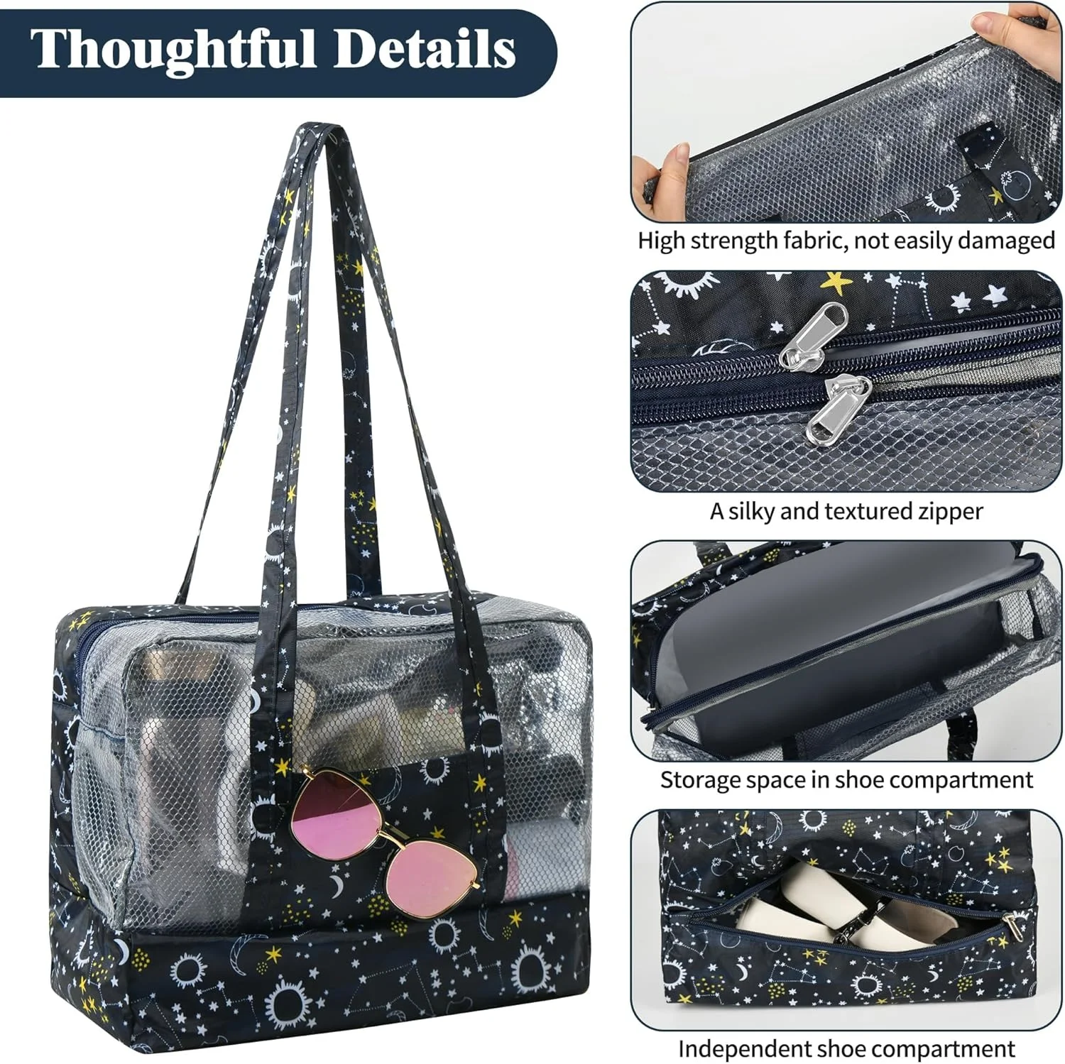 کیف ساحلی شفاف PVC مناسب تعطیلات و مسافرت های دریایی برای بانوان، کیف توری استخری و مسافرتی ضد آب و ضد شن با زیپ، کیف شفاف استادیومی کفش با محفظه های جداگانه کیف ساحلی شفاف PVC مناسب تعطیلات و مسافرت های دریایی برای بانوان، کیف توری استخری و مسافرتی ضد آب و ضد شن با زیپ، کیف شفاف استادیومی کفش با محفظه های جداگانه