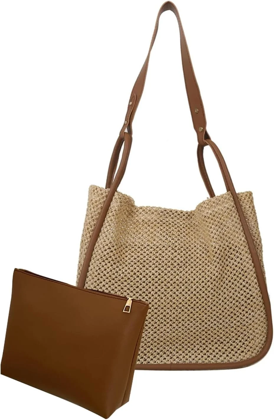 ست کیف شانه ای زنانه، کیف ساحلی با کیف لوازم آرایشی چرمی، کیف بافتنی قلاب بافی، کیف بزرگ مسافرتی، کیف کولی، طراحی توری توخالی