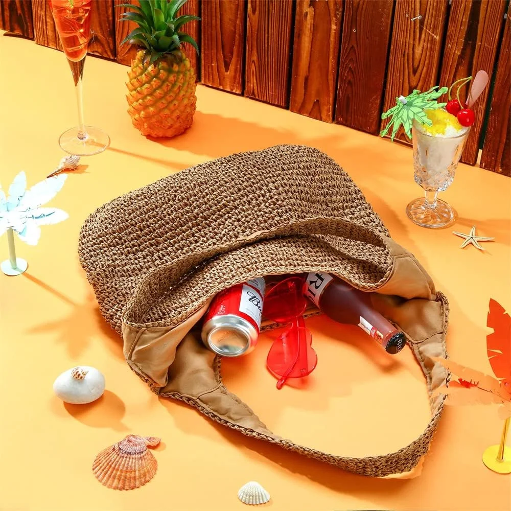 کیف حصیری بافت دستی بزرگ و نرم SYOSI، کیف دستی حصیری بوهو با دسته حصیری، کیف ساحلی تابستانی رترو، کیف دستی راتان، کیف دستی سطلی حصیری زنانه (خاکی)