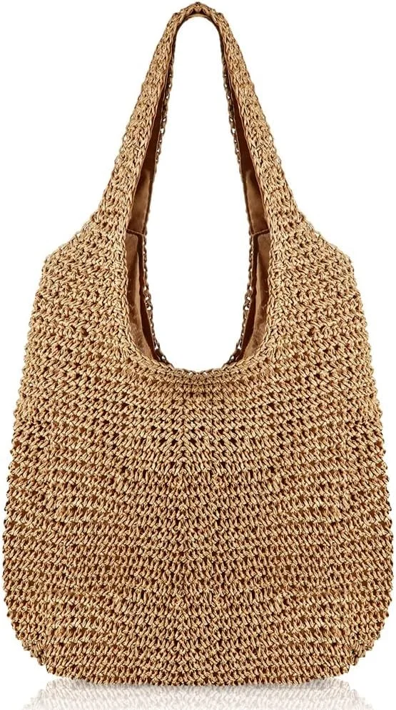 کیف حصیری بافت دستی بزرگ و نرم SYOSI، کیف دستی حصیری بوهو با دسته حصیری، کیف ساحلی تابستانی رترو، کیف دستی راتان، کیف دستی سطلی حصیری زنانه (خاکی)