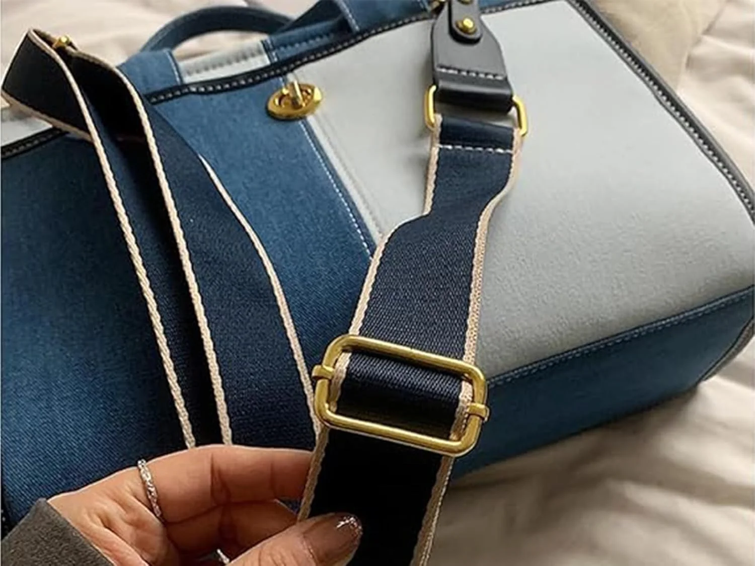 کیف دستی بوم تزویق زنانه، کیف دوشی بزرگ جین با بند شانه قابل تنظیم، کیف های یک طرفه قدیمی برای کار، مسافرت، دانشگاه و استفاده روزمره (آبی)