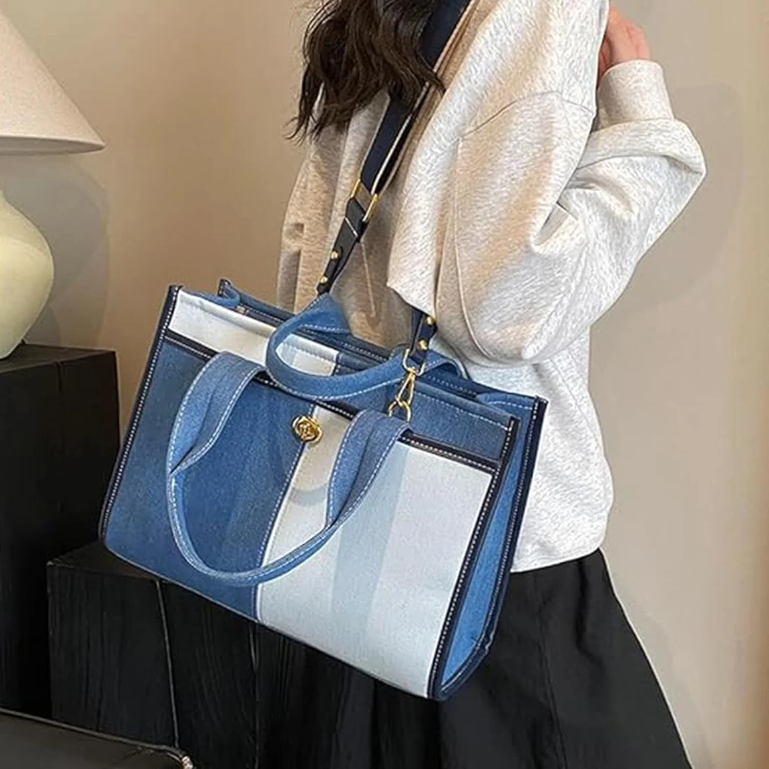 کیف دستی بوم تزویق زنانه، کیف دوشی بزرگ جین با بند شانه قابل تنظیم، کیف های یک طرفه قدیمی برای کار، مسافرت، دانشگاه و استفاده روزمره (آبی)