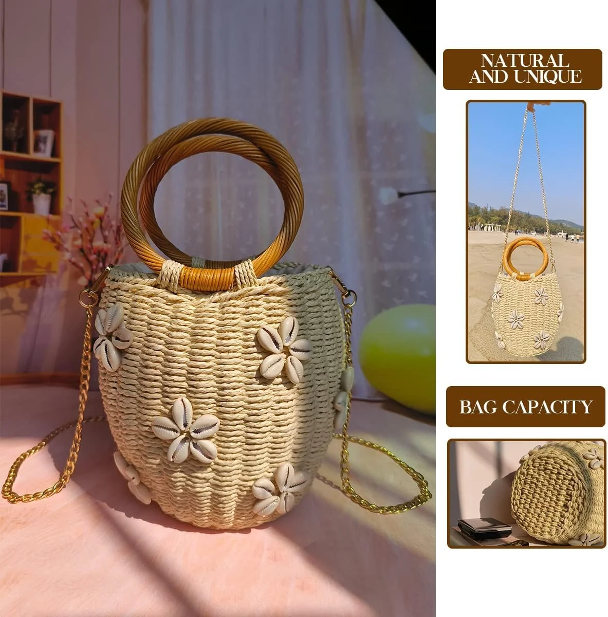 کیف دستی حصیری شیک - کیف ساحلی تابستانی بند دار - کیف سطلی بافتنی با طرح الماس برای خانم ها (طبیعی و شیک) کیف دستی حصیری شیک - کیف ساحلی تابستانی بند دار - کیف سطلی بافتنی با طرح الماس برای خانم ها (طبیعی و شیک)