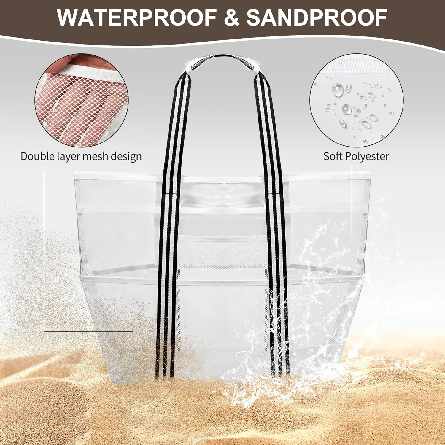 کیف بزرگ شفاف زنانه، کیف ساحلی بسیار بزرگ، کیف توری پی وی سی ضد آب استادیومی برای مسافرت، استخر، سفر دریایی، کار، باشگاه، تعطیلات