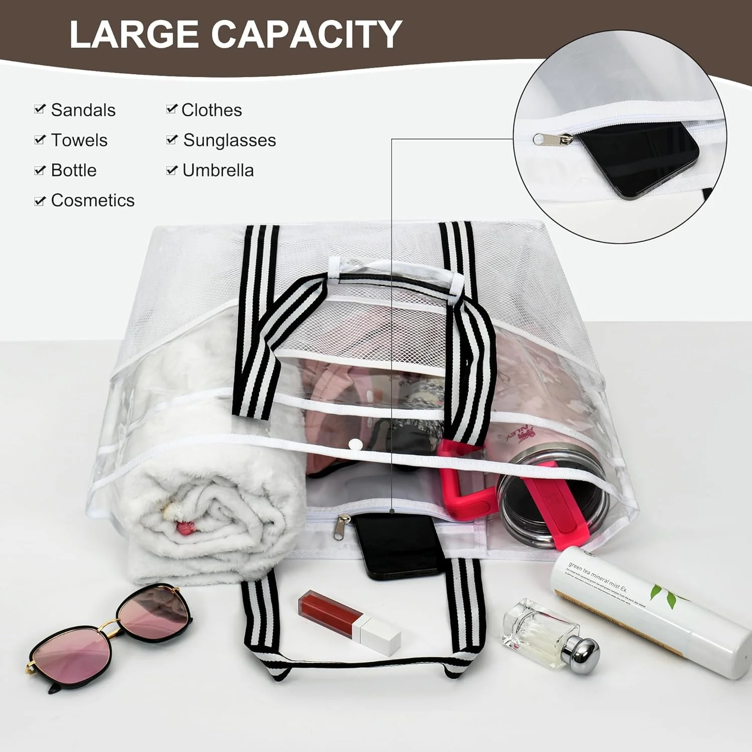 کیف بزرگ شفاف زنانه، کیف ساحلی بسیار بزرگ، کیف توری پی وی سی ضد آب استادیومی برای مسافرت، استخر، سفر دریایی، کار، باشگاه، تعطیلات