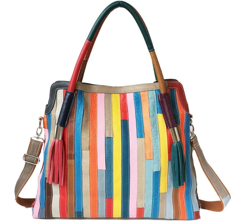 کیف دستی زنانه بوستون چند رنگ چرم اصل، کیف بزرگ دستی رنگارنگ