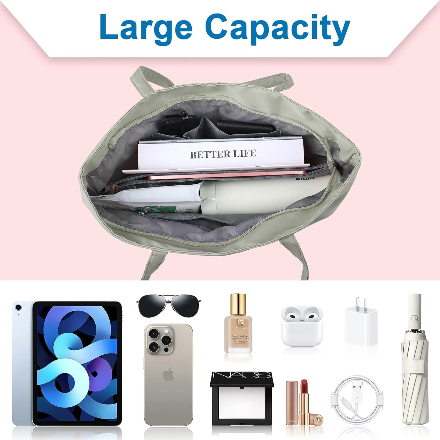 کیف دستی نایلونی زنانه، کیف بزرگ دوشی با جیب های متعدد و بست زیپی، مناسب برای کار، مسافرت و دانشگاه کیف دستی نایلونی زنانه، کیف بزرگ دوشی با جیب های متعدد و بست زیپی، مناسب برای کار، مسافرت و دانشگاه