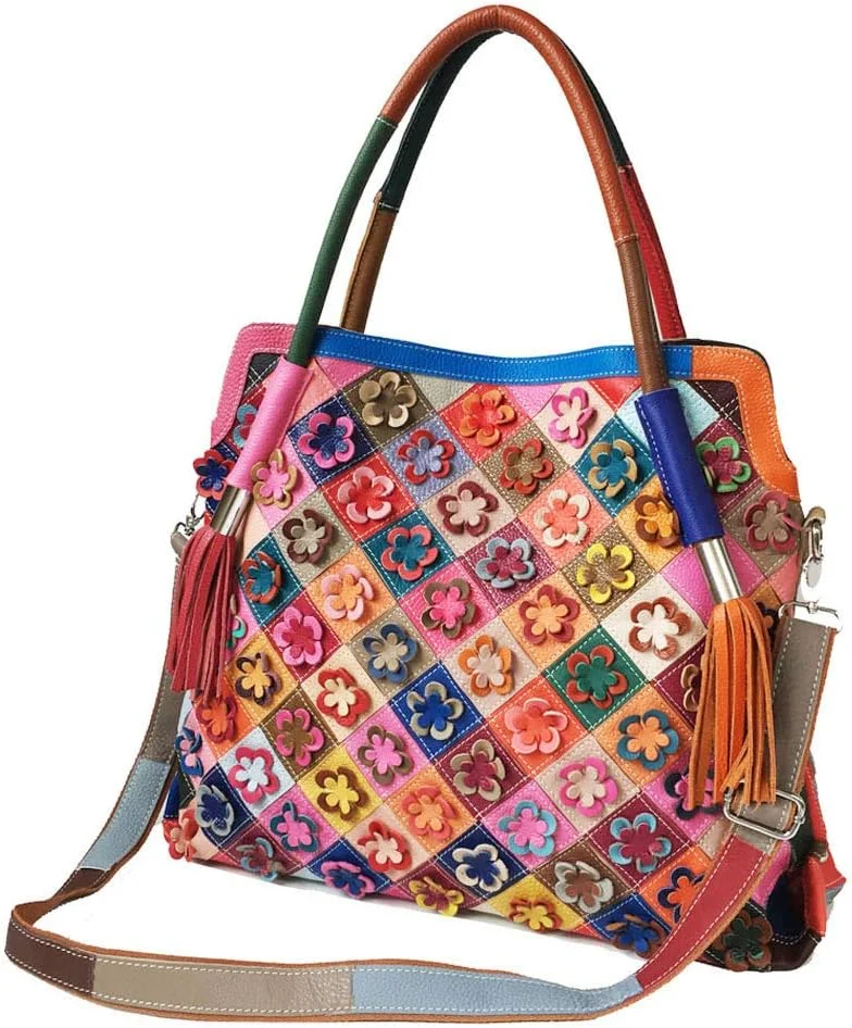 کیف دستی زنانه بوستون چند رنگ چرم اصل، کیف بزرگ دستی رنگارنگ