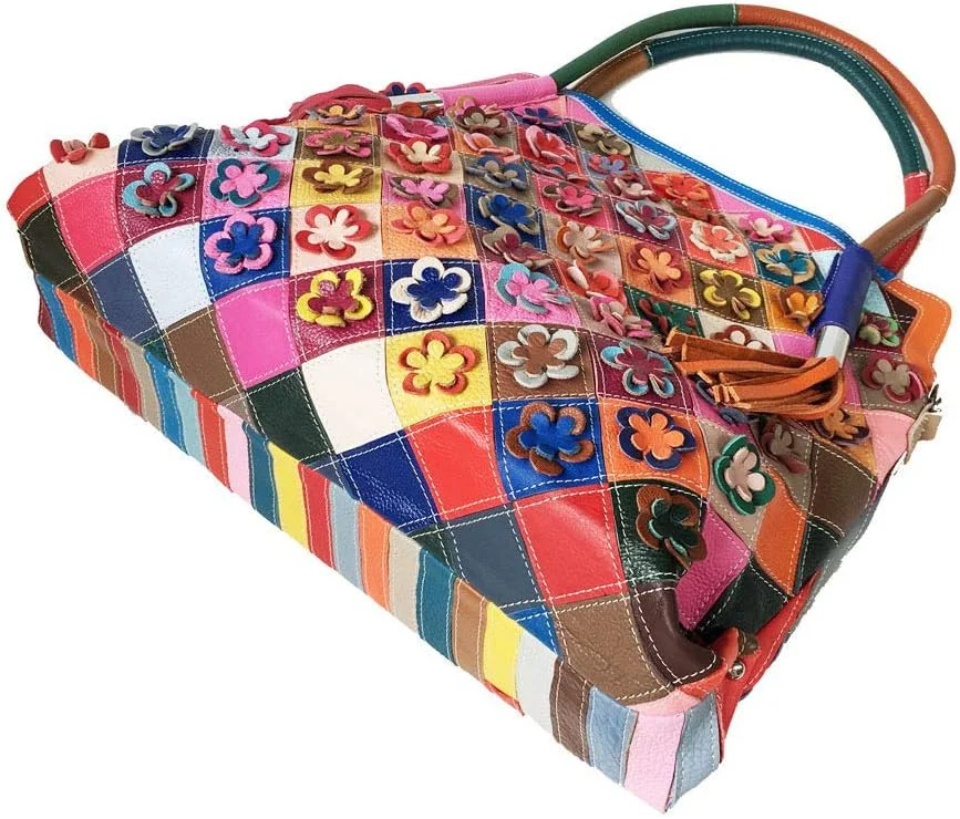 کیف دستی زنانه بوستون چند رنگ چرم اصل، کیف بزرگ دستی رنگارنگ