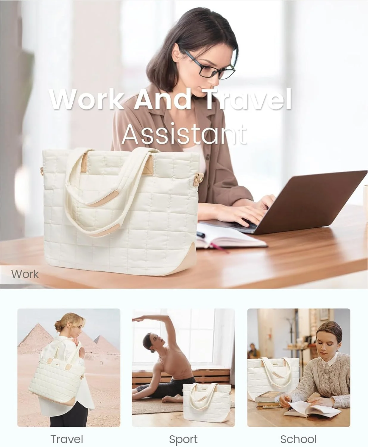 کیف دستی زنانه، کیف بزرگ لحافی 26 لیتری با زیپ، سبک وزن مناسب کار، مسافرت، کیف شانه ای باشگاه، کیف بزرگ لحافی 45x18x32 سانتی متر، مناسب برای لپ تاپ 15.6 اینچی