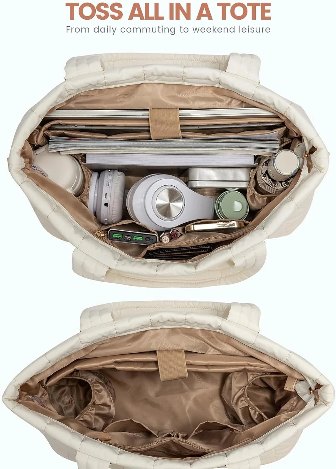 کیف دستی زنانه، کیف بزرگ لحافی 26 لیتری با زیپ، سبک وزن مناسب کار، مسافرت، کیف شانه ای باشگاه، کیف بزرگ لحافی 45x18x32 سانتی متر، مناسب برای لپ تاپ 15.6 اینچی