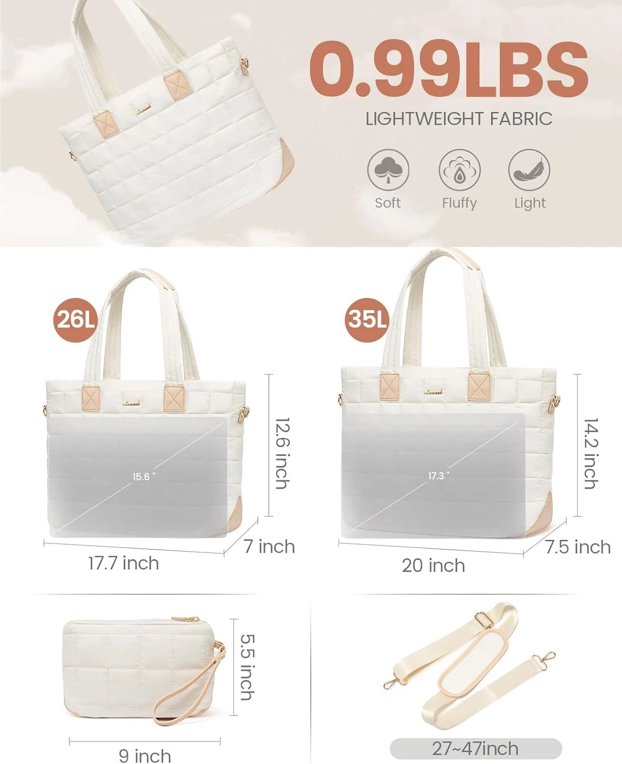 کیف دستی زنانه، کیف بزرگ لحافی 26 لیتری با زیپ، سبک وزن مناسب کار، مسافرت، کیف شانه ای باشگاه، کیف بزرگ لحافی 45x18x32 سانتی متر، مناسب برای لپ تاپ 15.6 اینچی