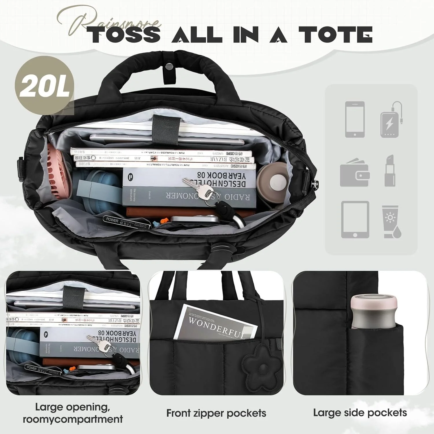 کیف دستی لپ تاپ زنانه RAINSMORE 15.6 اینچی، کیف دستی سبک وزن پافر، کیف بزرگ لحافی مسافرتی برای معلمان و پرستاران