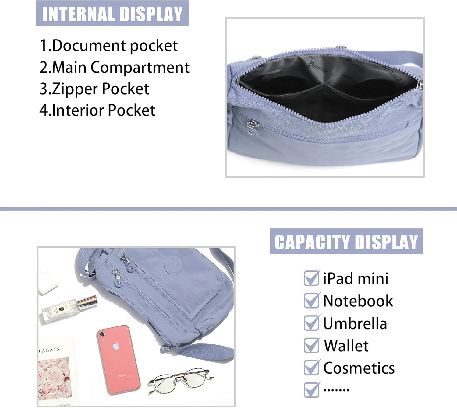 کیف دوشی زنانه ضد آب، کیف دستی نایلونی غیر رسمی، کیف پول، کیف پیام رسان سبک وزن