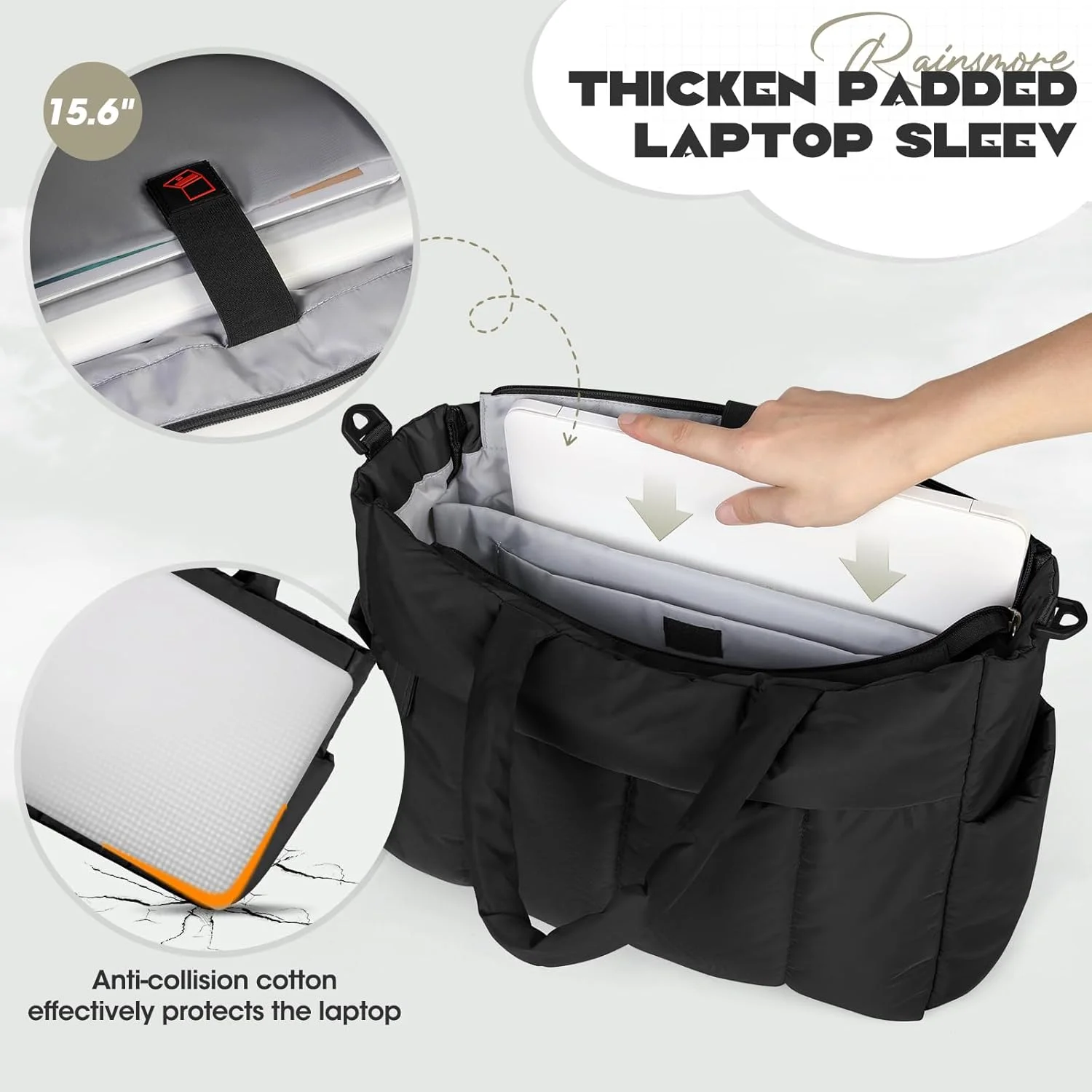 کیف دستی لپ تاپ زنانه RAINSMORE 15.6 اینچی، کیف دستی سبک وزن پافر، کیف بزرگ لحافی مسافرتی برای معلمان و پرستاران