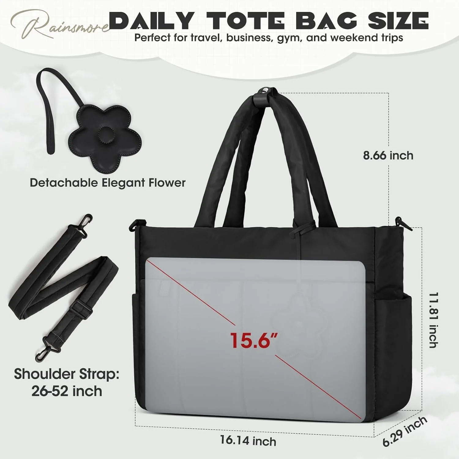 کیف دستی لپ تاپ زنانه RAINSMORE 15.6 اینچی، کیف دستی سبک وزن پافر، کیف بزرگ لحافی مسافرتی برای معلمان و پرستاران