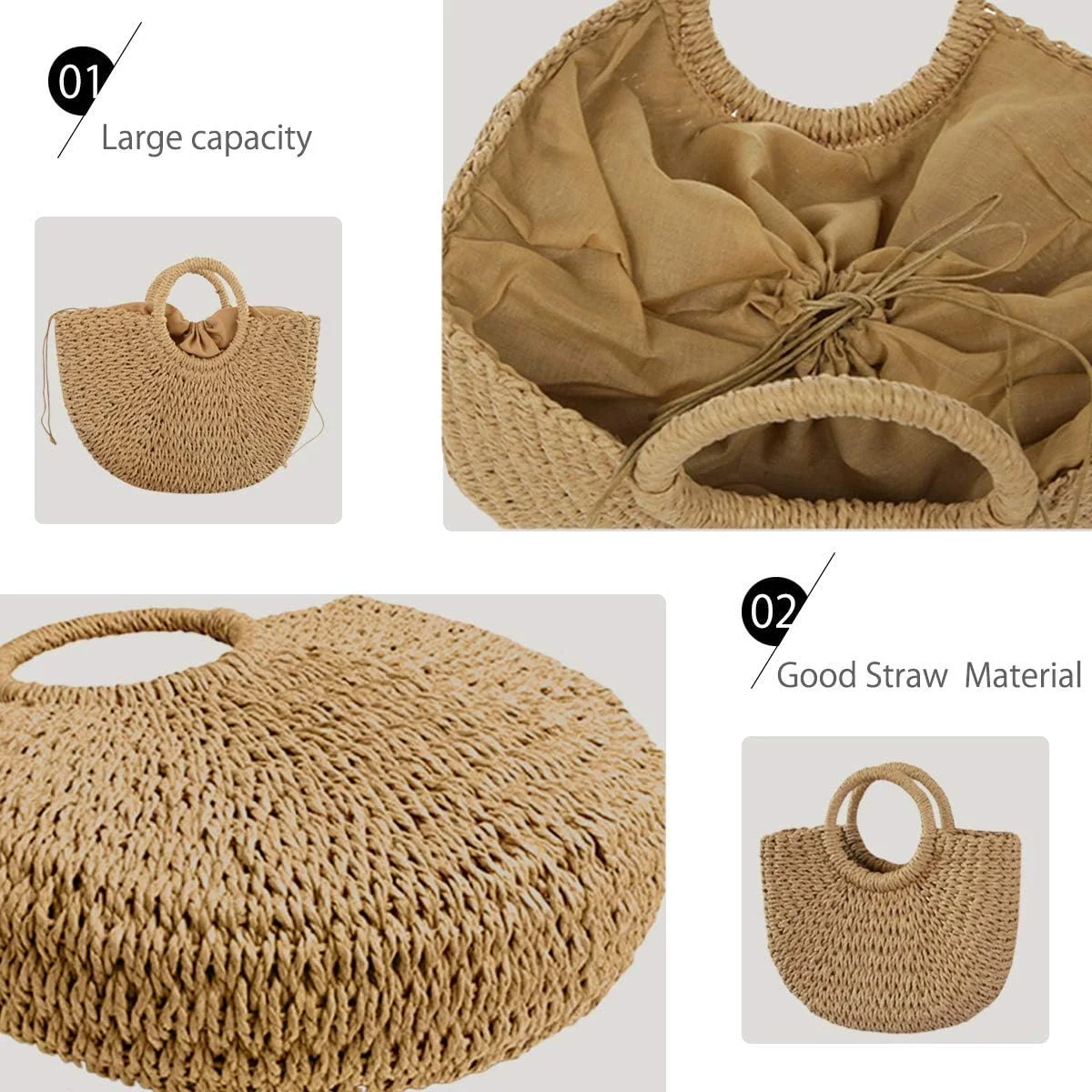 کیف دستی حصیری زنانه، کیف بزرگ بافتنی حصیری زنانه، کیف بزرگ رودوشی، کیف ساحلی تابستانی دست‌بافت با دسته بالایی برای مسافرت و تعطیلات