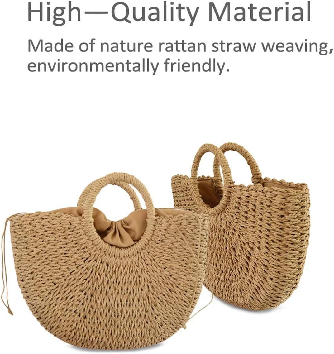 کیف دستی حصیری زنانه، کیف بزرگ بافتنی حصیری زنانه، کیف بزرگ رودوشی، کیف ساحلی تابستانی دست‌بافت با دسته بالایی برای مسافرت و تعطیلات