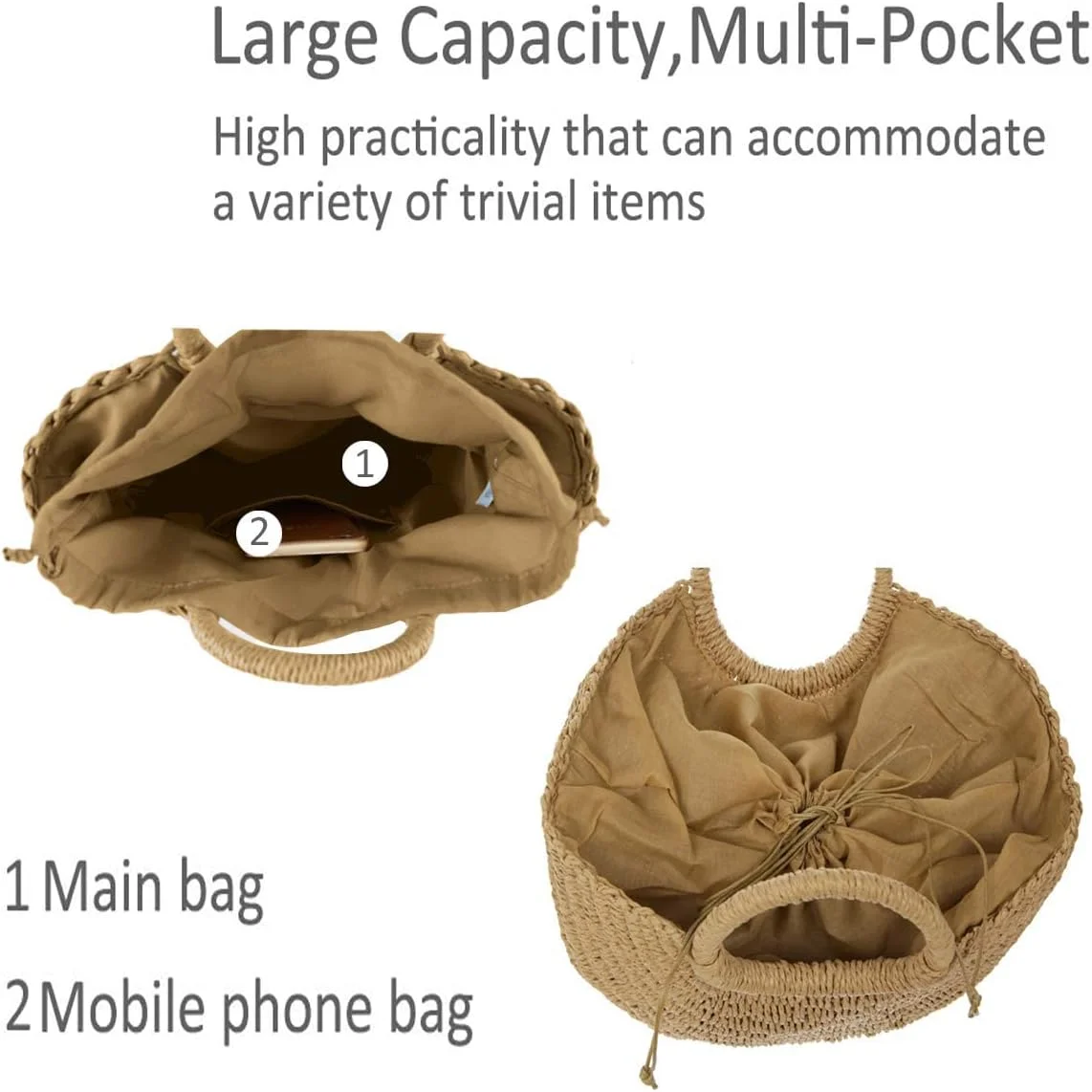کیف دستی حصیری زنانه، کیف بزرگ بافتنی حصیری زنانه، کیف بزرگ رودوشی، کیف ساحلی تابستانی دست‌بافت با دسته بالایی برای مسافرت و تعطیلات