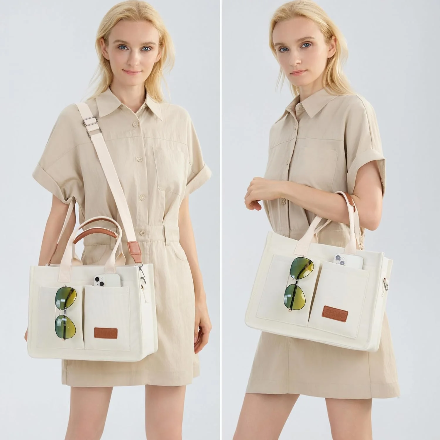 کیف دستی بزرگ بومى زنانه با جیب، کیف پیام رسان بومى پارچه ای، کیف لپ تاپ دوشی، کیف دوشی غیر رسمی، کیف دستی روزمره برای کار، خرید ساحل و باشگاه (سفید)