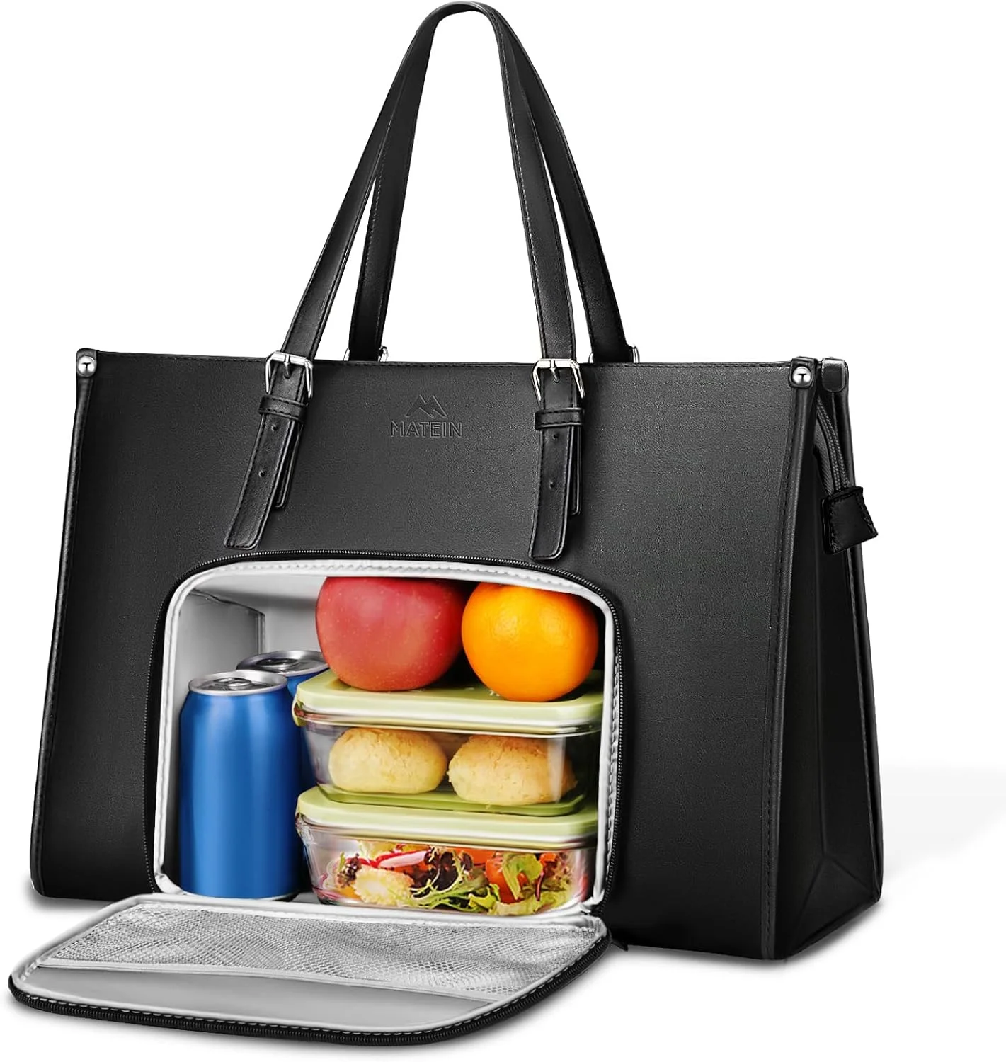 کیف دستی لپ تاپ MATEIN با محفظه غذای عایق بندی شده، کیف چرمی PU 15.6 اینچی با جعبه غذای ضد نشت برای زنان، کیف دستی سبک وزن کار کامپیوتر برای تجارت، دفتر، کالج، مشکی