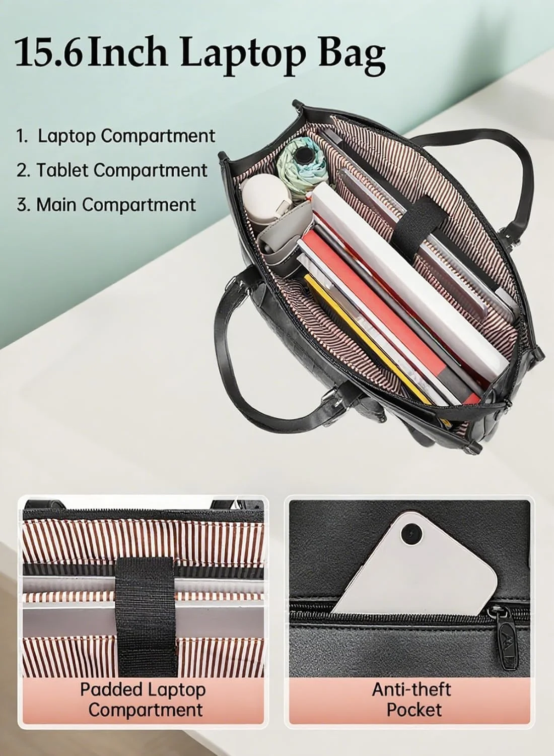 کیف دستی لپ تاپ MATEIN با محفظه غذای عایق بندی شده، کیف چرمی PU 15.6 اینچی با جعبه غذای ضد نشت برای زنان، کیف دستی سبک وزن کار کامپیوتر برای تجارت، دفتر، کالج، مشکی کیف دستی لپ تاپ MATEIN با محفظه غذای عایق بندی شده، کیف چرمی PU 15.6 اینچی با جعبه غذای ضد نشت برای زنان، کیف دستی سبک وزن کار کامپیوتر برای تجارت، دفتر، کالج، مشکی