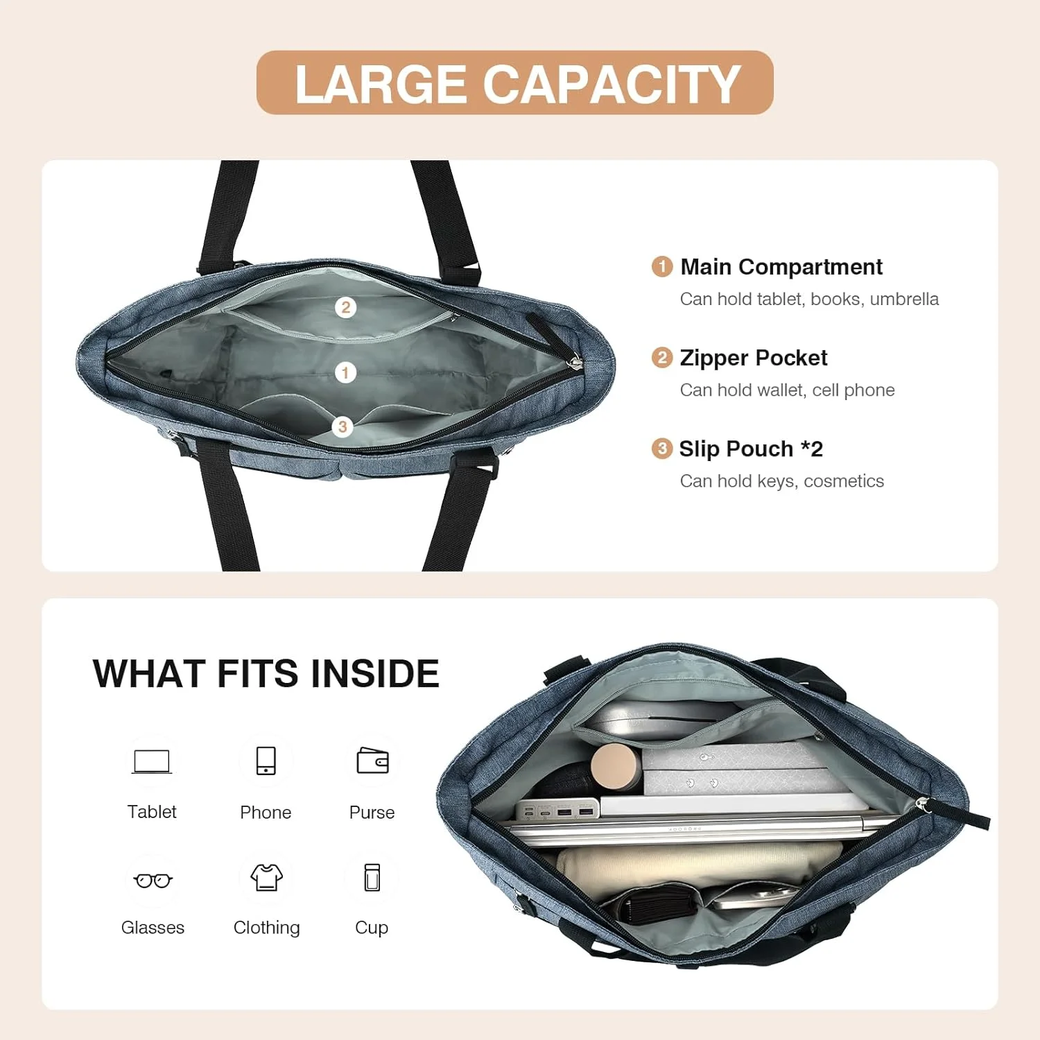 کیف دستی بزرگ زنانه Marvolia با جیب زیپ‌دار، کیف شانه‌ای تاشو برای باشگاه، ساحل و مسافرت