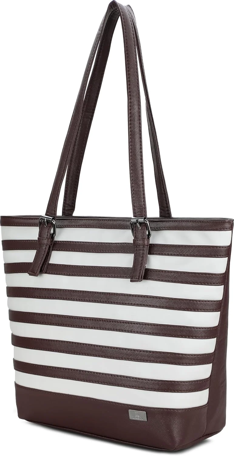 کیف دستی زنانه کی لندن از جنس چرم مصنوعی، جادار، شیک، بادوام، دارای زیپ، طرح راه راه نیمه شب، مناسب برای استفاده روزمره و اداری