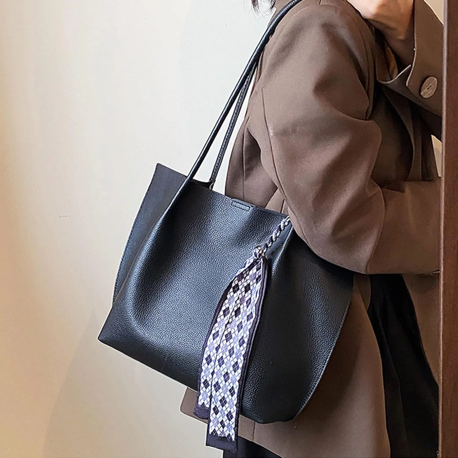 کیف دستی بزرگ زنانه، کیف دوشی بزرگ، کیف دستی زنانه با کیف پول ست، کیف و کیف دستی چرمی، کیف دوشی زنانه با دسته بالایی، کیف دستی (مشکی)